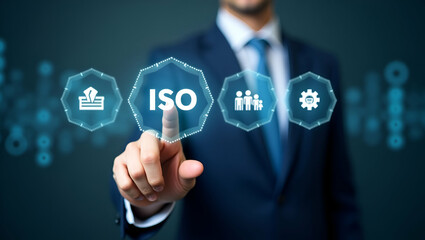 Flat Businessman touches ISO certification symbols on digital interface representing quality assurance compliance global standards and international standardization. concept as Businessman touches ISO