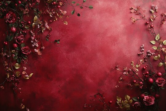 Burgundy Red Floral Background with Roses, Berries, and Branches for Wedding Invitation