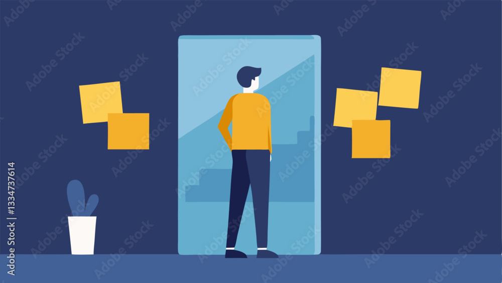 Poster mirror reflection an individual standing in front of a mirror looking at their reflection with a puz