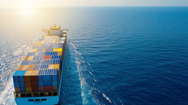 Large cargo ship equipped with solar panels showcasing innovative green energy solutions in maritime transport for enhanced sustainability and reduced carbon footprint