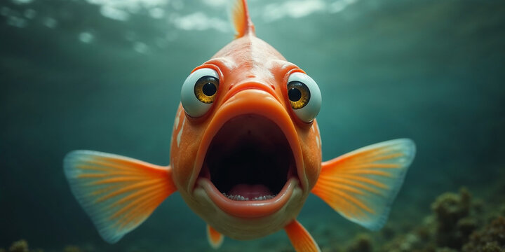 A fish with wide open mouth and big eyes, Surprised, shocked or amazed face front view
