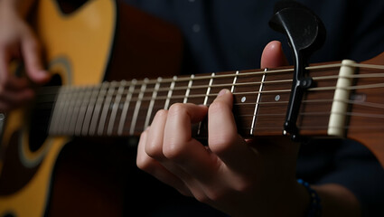 Close up of man hand playing guitar illustrating musical creativity and craftsmanship in performance context. concept as Close up of mans hand playing guitar illustrating musical creativity and crafts