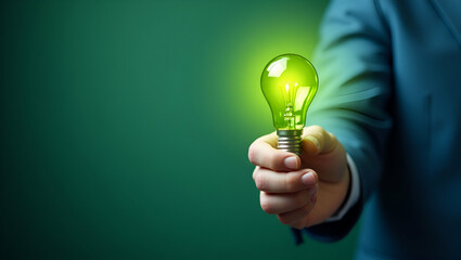 Illustration of a Man Holding a Green Energy Light Bulb: Symbolizing Environmentally Friendly Technology and Sustainable Energy Sources with Clean Circular Energy Concepts