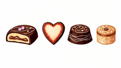 Flat Gourmet chocolate samplers illustrated in watercolor style hand drawn clipart perfect for nursery art showcasing assorted flavors and elegant presentation concept as Gourmet chocolate samplers il