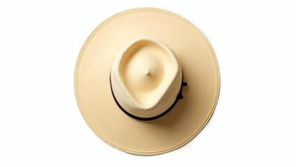 Flat Top view of straw hat placed on white background emphasizing summer fashion and simple elegance. concept as Straw hat viewed from above on white background highlighting summer fashion and simple 