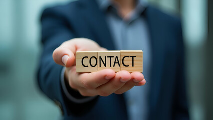 Effective Online Business Communication: A Businessman Holding Wooden Blocks with Contact Icons - Elevate Your Customer Interaction with Professional Strategies in a Simple Flat Design