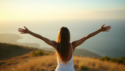 Young Beautiful Woman on Hilltop Embracing Freedom and Vitality - Stunning Stock Photo Concept with Empty Space for Your Creative Needs