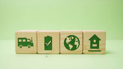 Flat Wooden blocks with green net zero icons representing climate neutrality carbon emissions reduction and sustainability strategy. concept as Scene conveys simplicity and clarity in visualizing carb