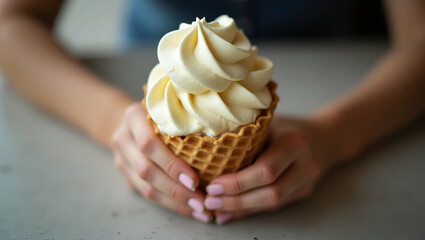 Flat Womans hands holding a melting ice cream waffle cone capturing the moments delicacy and sweetness. concept as Womans hands holding a melting ice cream waffle cone capturing delicacy and sweetness