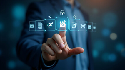 Hand Making Selections on Holographic Digital Checklist Interface: Visualizing Assessment Tests and Quiz Icons for Online Exams and E-Learning Task Management in Stock Photo Concept