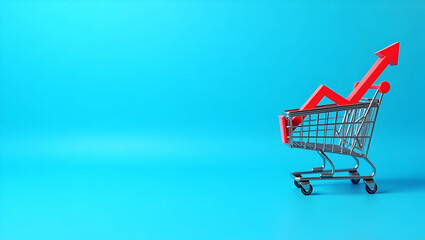 Shopping trolley with red chart falling down on blue background copy space. Economic recession crisis core retail sales decrease inflation or goods price up concept. concept as Image of a shopping tro