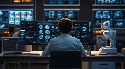 medical professional analyzes brain scans on multiple monitors in high tech hospital setting, with robotic assistant nearby. room is filled with digital displays and advanced medical technology