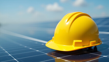 Bright Yellow Safety Helmet on Solar Panel: Symbolizing Safety Protocols in Renewable Energy Projects - Stock Photo Concept with Empty Space for Customization