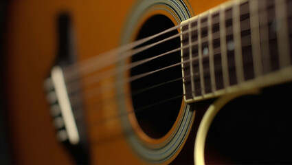Fototapeta premium Close up of vibrating string acoustic guitar concept as Close up of vibrating string on acoustic guitar illustrating musical performance and craftsmanship in detailed photography. in Photo Stock Con