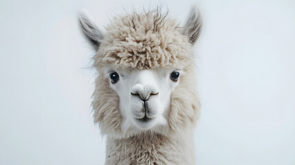 Realistic close-up of a funny fluffy alpaca with a messy hairstyle, looking like it just woke up, high-definition detail, white background