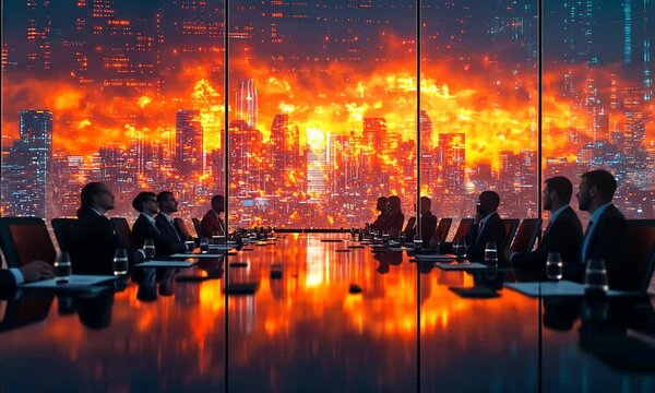 A corporate meeting takes place with a fiery cityscape backdrop, symbolizing urgent challenges