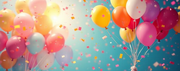 Colorful balloons and confetti falling down, joyful celebration moment, confetti, balloons, festive