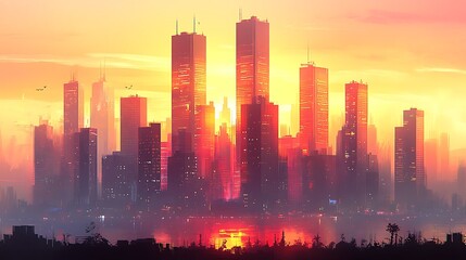 Obraz premium Futuristic city skyline at sunset.