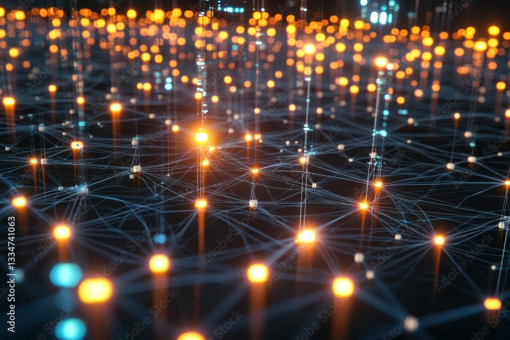 Poster abstract representation of interconnected nodes glowing in a dark space