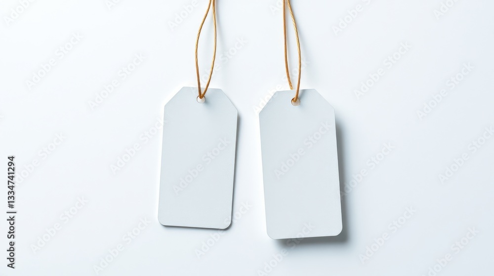 Poster two blank white tags hang by brown strings against a stark white background, awaiting customization.