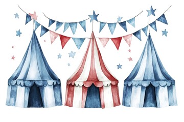 Obraz premium Watercolor Circus Tents, Bunting, Stars Cute Fairytale Illustration
