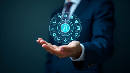 Flat Hand Reviewing Holographic Business Audit Device: Analyzing Compliance Target Data with Cute Vector Illustrations for Smart Business Insights in Empty Space
