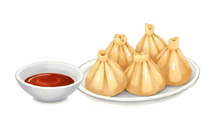 Charming Hand Drawn Watercolor Illustration of Mandu Korean Dumplings with Dipping Sauce on White Background - Perfect for Nursery Decor and Cute Art Concepts