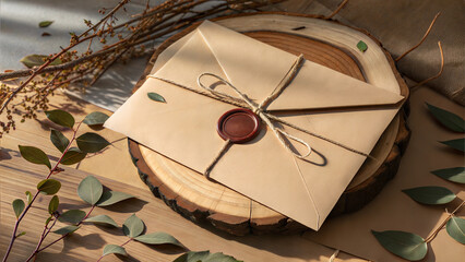 Rustic envelope with wax seal on wooden board for branding
