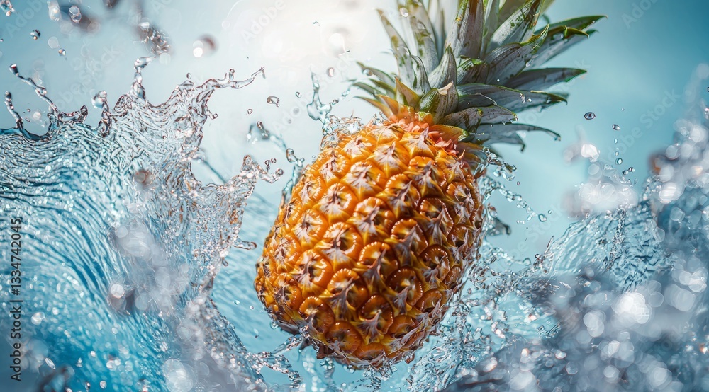 Poster exotic pineapple fruit in a splash of cool refreshing water, creating dynamic movement and a burst o