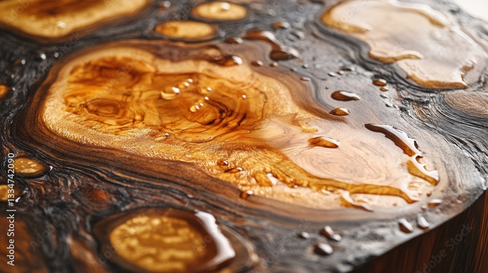 Poster exotic wood texture with water droplets, showcasing natural wood grain patterns and water's interact