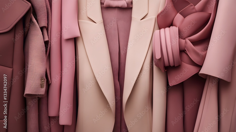 Poster collection of colorful suits in various styles displaying a fashionable layered look with distinctiv