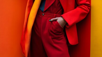 Fashionable woman in bright red suit showcasing a color-coordinated layered outfit with distinctive elements