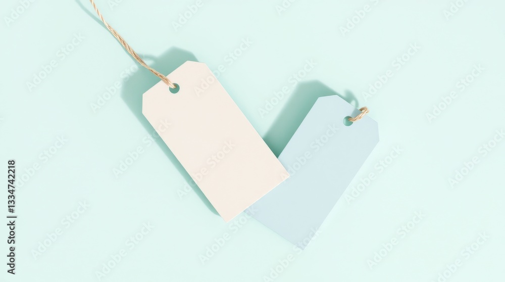 Poster two blank tags with string sit on a pastel blue background casting soft shadows for simple, clean de