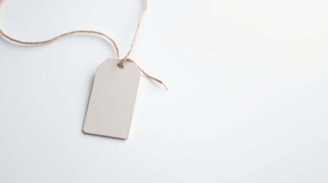 Simple off-white tag on string against a bright white background with empty space around it for copy.