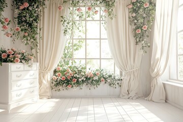 Romantic White Room Interior with Floral Decor, Sunlit Window, and Antique Dresser