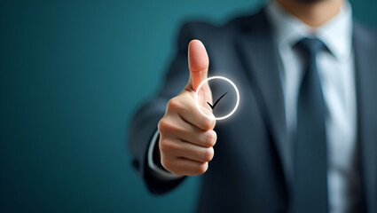 Flat Businessman giving thumb up with virtual tick mark symbolizing approval quality assurance guarantee concept concept as A businessman gives a thumbs up with a virtual tick mark representing approv