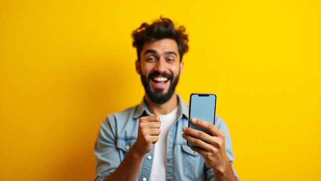 Flat Happy young Indian man celebrates winning lottery game using smartphone for betting cashback online gifts via mobile app holding phone against yellow background concept as Happy young Indian man