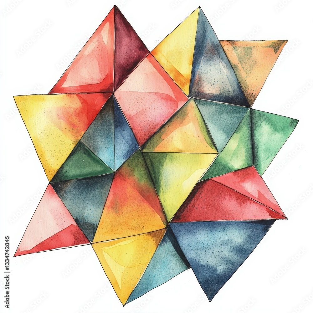 Poster vibrant geometric pattern featuring colorful triangles in a dynamic arrangement, perfect for artisti
