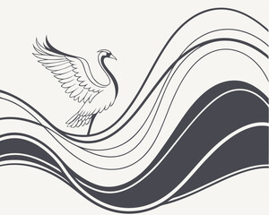 Abstract Bird with Flowing Waves &ndash; Minimal Vector Illustration. Elegant vector illustration featuring a stylized bird with open wings standing on smooth flowing waves.