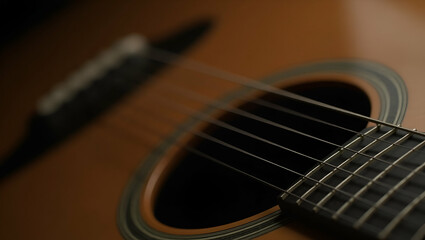 Fototapeta premium Close up of vibrating string acoustic guitar concept as Close up of vibrating string on acoustic guitar illustrating musical performance and craftsmanship in detailed photography. in Photo Stock Con