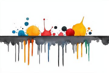 Vibrant splash of watercolor paint with colorful droplets and drips, perfect for artistic backgrounds and creative projects.