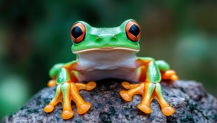 Vibrant tree frog with bright orange eyes and toes perched on a rock in natural habitat rainforest wildlife