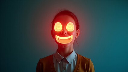 Emotional mental health bright happy face overshadowing sad block fosters positive mindset synergy based environment encourages healthy morale brand empathy thrives concept as Worker selects smiling s