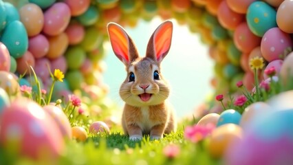 Bunny smiling through Easter Egg Tunnel. Easter concept