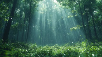 Obraz premium Lush Green Forest with Sunlight Streaming Through Trees and Rain