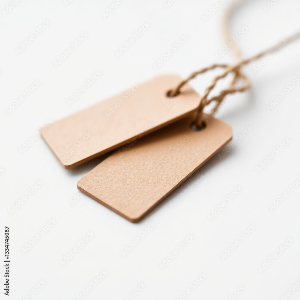 Poster two blank, rectangular tags made of light brown cardboard with a twine string on a white background.
