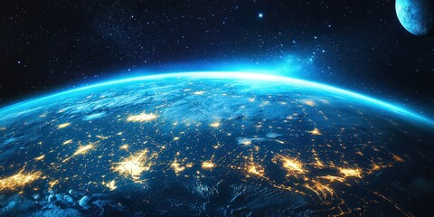 Obraz premium Earth glows blue against a breathtaking starscape. A stunning night view of our planet from space