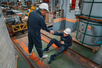 A man got factory accident serious industrial injury. Ensuring workplace safety helps prevent occupational injuries from machinery accidents, safety violations, and hazardous work environments.