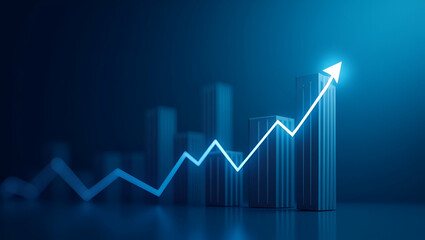 Widescreen abstract financial graph with uptrend line and bar chart of stock market on blue background symbolizing financial growth and market trends. concept as Widescreen abstract financial graph wi