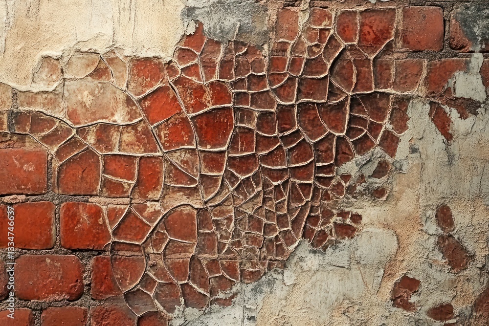 Poster a detailed shot of a red brick wall showing intricate patterns formed by worn-out bricks, emphasizin